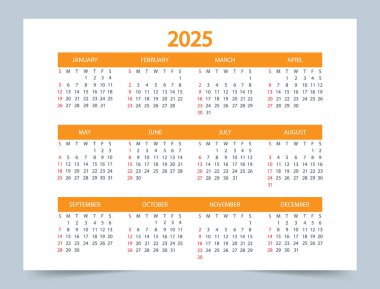 Basit takvim 2025. Şirket ya da iş takvimi 2025. İngilizce vektör 2025 takvimi. Vektör illüstrasyonu