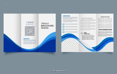 Mavi dalgalı üç katlı broşür. Vektör çizimi. Üç Katlı Yazdırma Broşürü Hazırlama Şablonu.