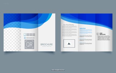 Mavi dalgalı üç katlı broşür. Broşürü hazırlayın. Vektör illüstrasyonu.