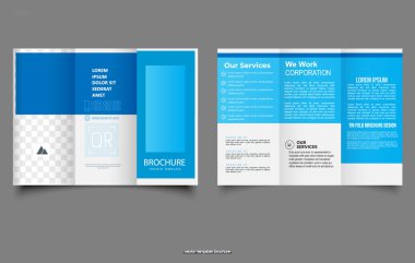 Mavi geometrik üç katlı broşür. Tasarım ve baskı için. Vektör illüstrasyonu