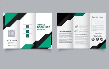 Modern şirket broşürünün yeşil ve siyah renkli geometrik tasarımı var. İş broşürü tasarımı, pazarlama broşürü, yaratıcı tasarım. Düzenlenebilir resim