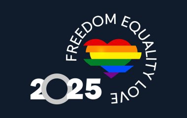 LGBT Onur 2025 Vektör, Özgürlük, Eşitlik, Aşk. Gökkuşağı Kalbi Grafiksel Düzenlenebilir Resim
