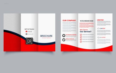 Modern kırmızı dalga Üçlü Broşür Şablonu Tasarımı. Düzenlenebilir resim.