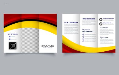 Modern Trifold Broşürü. Cesur İş ilanı. Kırmızı Sarı Tasarımlı Şirket Pazarlama Broşürü. Spor markaları, otomotiv endüstrisi veya teknoloji şirketleri için el ilanı.