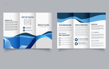 Mavi dalgalı üç katlı broşür. Vektör çizimi. Üç Katlı Yazdırma Broşürü Hazırlama Şablonu. Düzenlenebilir resim.