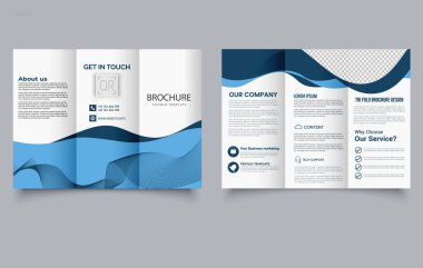 Mavi dalgalı üç katlı broşür. Vektör çizimi. Üç Katlı Yazdırma Broşürü Hazırlama Şablonu. Düzenlenebilir resim.