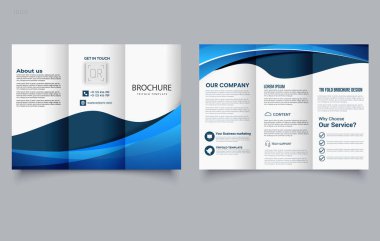 Mavi dalgalı üç katlı broşür. Vektör çizimi. Üç Katlı Yazdırma Broşürü Hazırlama Şablonu. Düzenlenebilir resim.