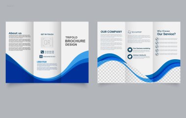 Mavi dalgalı üç katlı broşür. Vektör çizimi. Üç Katlı Yazdırma Broşürü Hazırlama Şablonu.