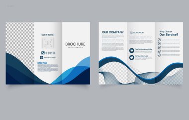 Mavi dalgalı üç katlı broşür. Vektör çizimi. Üç Katlı Yazdırma Broşürü Hazırlama Şablonu. Düzenlenebilir resim.