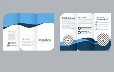 Mavi dalgalı üç katlı broşür. Vektör çizimi. Üç Katlı Yazdırma Hazır