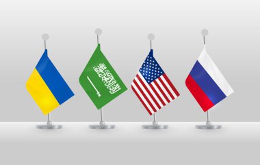 Ukrayna, ABD, Rusya ve Suudi Arabistan bayrakları. Barış görüşmeleri. Düzenlenebilir resim.