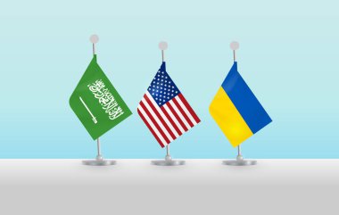 Ukrayna, ABD ve Suudi Arabistan bayrakları. Barış görüşmeleri. Düzenlenebilir resim.