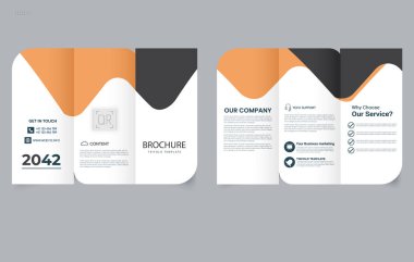 Üç katlı broşür. Çeşitli işletmeler için turuncu broşür tasarımı.