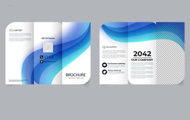 Mavi dinamik gradyan dalgalı üç katlı broşür. Düzenlenebilir resim.