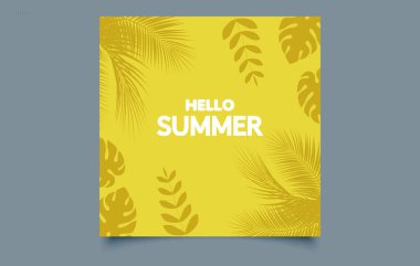 Tropikal palmiye yapraklı minimalist yaz afişi ve merhaba yaz metni. Seyahat, tatil ve mevsimlik promosyonlar için sarı arkaplan şablonu