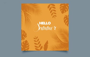 Tropikal palmiye yapraklı minimalist yaz afişi ve merhaba yaz metni. Düzenlenebilir resim.