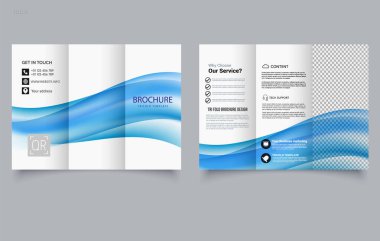 Mavi dinamik gradyan dalgalı üç katlı broşür. Soyut bir arka planı olan bir kapak. Düzenlenebilir resim.