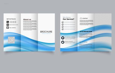 Mavi dinamik gradyan dalgalı üç katlı broşür. Soyut bir arka planı olan bir kapak. Düzenlenebilir resim.