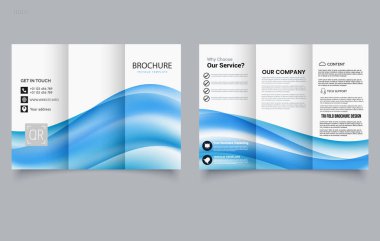 Mavi dinamik gradyan dalgalı üç katlı broşür. Soyut bir arka planı olan bir kapak. Düzenlenebilir resim.
