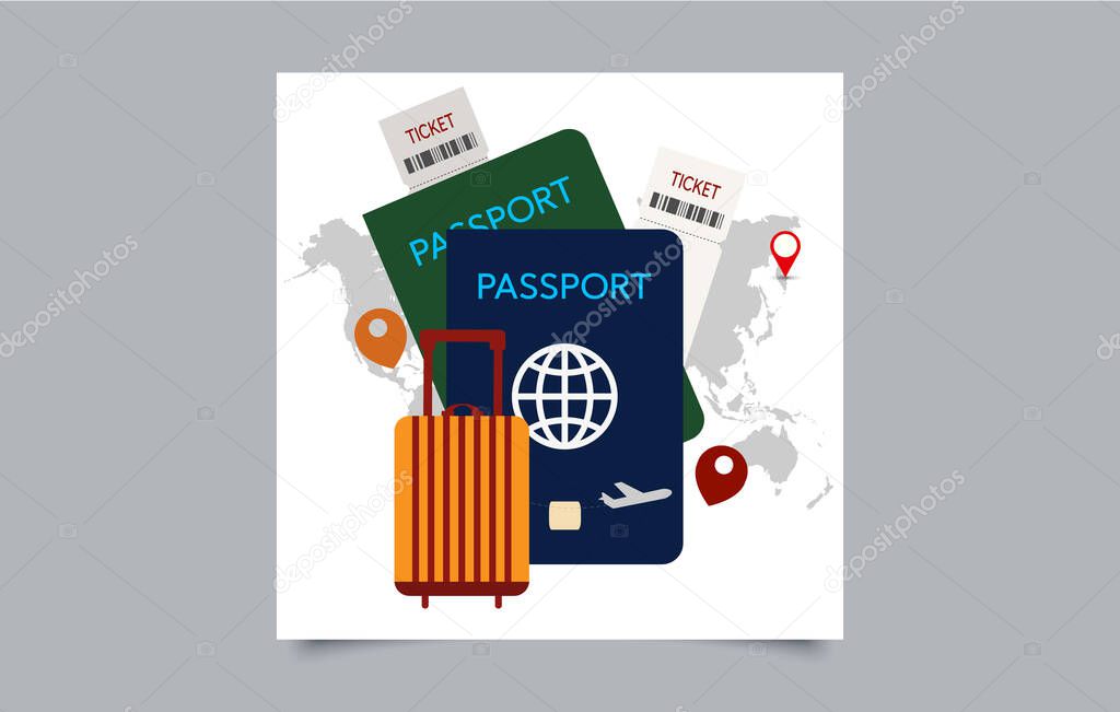 Travel Concept Illustration with Passport, Tickets, Suitcases, and World Map Background.