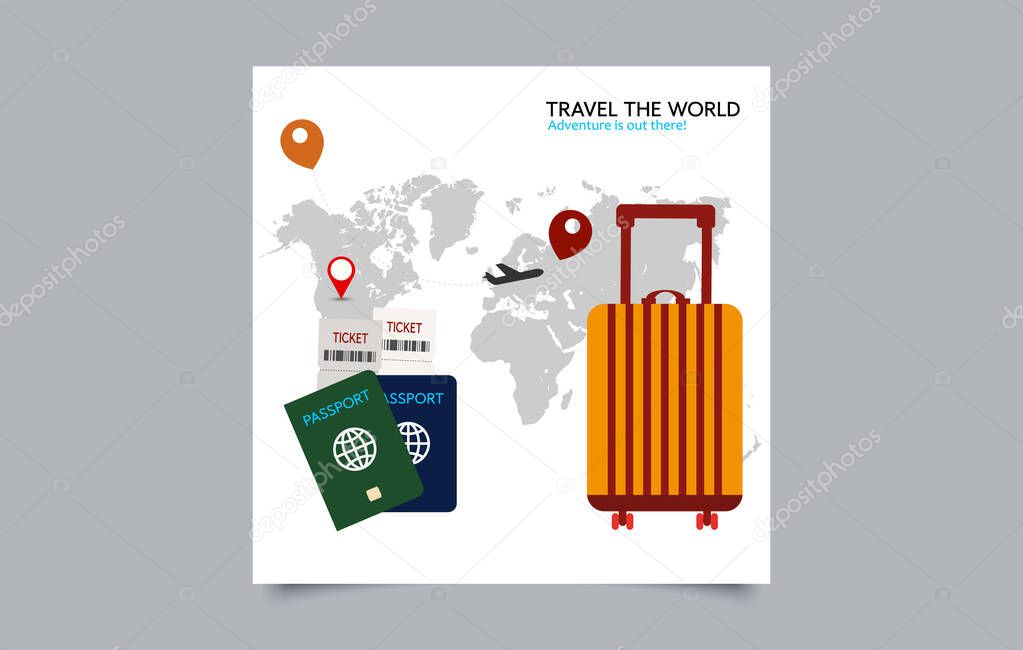 Travel Concept Illustration with Passport, Tickets, Suitcases, and World Map Background. Editable image.