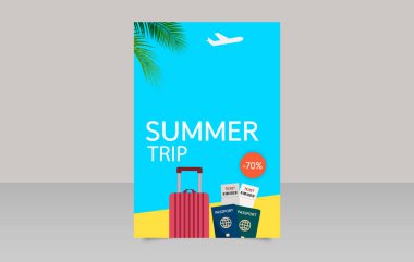 İçinde bavul, bilet ve pasaport olan Summer Travel Promosyon Posteri. Tatil Sancağı Tasarım Şablonu. Düzenlenebilir resim.