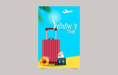 Seyahat ve turizm konsepti. Tropikal kumlu plajlarda seyahat valizleri, ücretli izinler, tatil konsepti vektör çizimleri. Düzenlenebilir resim.