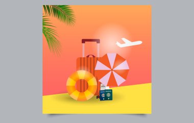 Tropik Günbatımı Yaz Seyahat Posteri. Bavullu Tatil Tasarımı ve Plaj Aksesuarları. Düzenlenebilir resim.