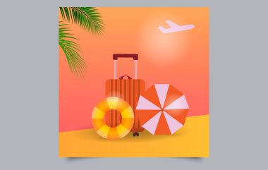 Sunset Beach Seyahat Konsepti. Bavul ve Şemsiye ile Yaz Tatili Afişi. Düzenlenebilir resim.