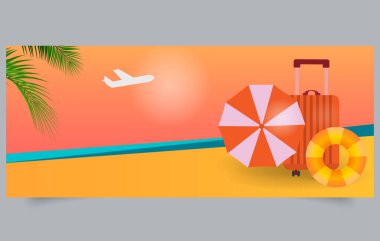 Yaz Tatili Seyahat Arkaplanı Plaj Şemsiyesi, Bagaj ve Uçak. Düzenlenebilir resim.