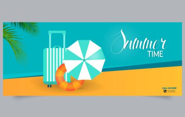 Plajda Tropik Yaz Tatili Bayrağı, Bavul, Şemsiye ve Lifebuoy. - Evet. Düzenlenebilir resim.