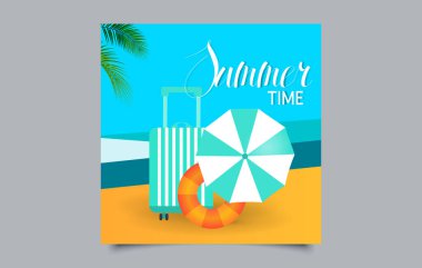 Plajda Tropik Yaz Tatili Bayrağı, Bavul, Şemsiye ve Lifebuoy. Tatil Satışı Sancak Tasarımı Şablonu.