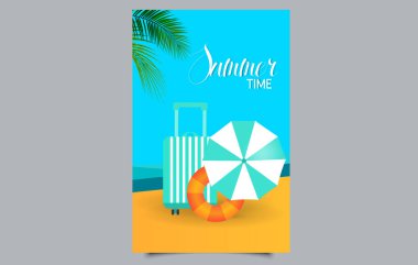 Plajda Tropik Yaz Tatili Bayrağı, Bavul, Şemsiye ve Lifebuoy. Tatil Sancağı Tasarım Şablonu. Düzenlenebilir resim.