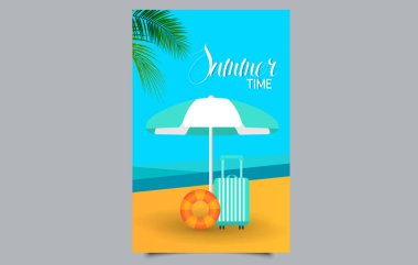 Plajda Tropik Yaz Tatili Bayrağı, Bavul, Şemsiye ve Lifebuoy. Tatil Satışı Sancak Tasarımı Şablonu.