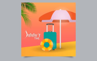 Sunset Beach Seyahat Konsepti. Bavul ve Şemsiye ile Yaz Tatili Afişi.