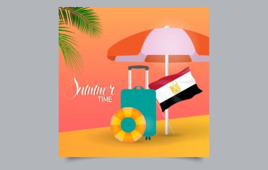 Mısır 'da yaz tatili. Bavul, Şemsiye ve Bayrak ile. Düzenlenebilir resim.