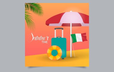 İtalya 'da yaz tatili. Bavul ve Şemsiye ile Plaj Seyahat Konsepti. Düzenlenebilir resim.