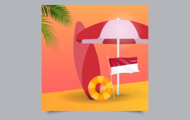 Endonezya 'da yaz tatili. Sörf tahtası, Şemsiye ve Lifebuoy ile. Sahil Seyahati Konsepti. Düzenlenebilir resim.