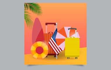 Yaz tatili kavramı. Sarı bavul, yaz sahilinde sörf tahtası. Düz dizayn. Sahilde yeşil palmiye yapraklı bir resim. Web sitesi ve mobil uygulama sayfası tasarımı.