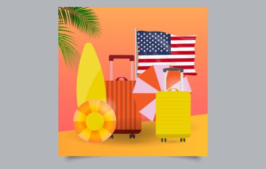 ABD Bayrak ve Bavulları ile Sahil Seyahat Konsepti