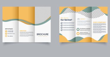 Dalga Elementleri ve Yer Tutucu Resimleri ile Yaratıcı Üç Katlı İş Broşürü. Pazarlama Mizanseni. Düzenlenebilir resim.