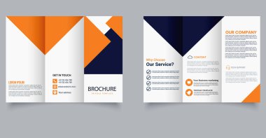 Modern Business Trifold Broşür Şablonu ile Turuncu ve Mavi Geometrik Tasarım. Düzenlenebilir resim.