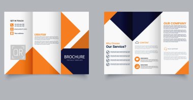 Modern Business Trifold Broşür Şablonu ile Turuncu ve Mavi Geometrik Tasarım. Pazarlama Mizanseni. Düzenlenebilir resim.