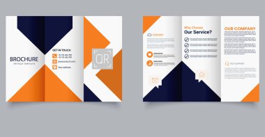 Modern Business Trifold Broşür Şablonu ile Turuncu ve Mavi Geometrik Tasarım. Pazarlama Mizanseni. Düzenlenebilir resim.