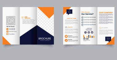 Modern Business Trifold Broşür Şablonu ile Turuncu ve Mavi Geometrik Tasarım. Pazarlama Mizanseni. Düzenlenebilir resim.