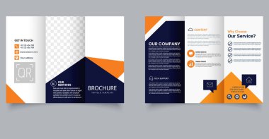 Modern Business Trifold Broşür Şablonu ile Turuncu ve Mavi Geometrik Tasarım. Pazarlama Mizanseni. Düzenlenebilir resim.