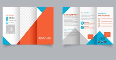 Creative Corporate Trifold Broşür Şablonu Mavi ve Turuncu Soyut Tasarım. IT şirketi için. Pazarlama Mizanseni. Düzenlenebilir resim.