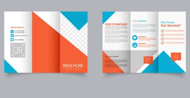 Creative Corporate Trifold Broşür Şablonu Mavi ve Turuncu Soyut Tasarım. IT şirketi için. Pazarlama Mizanseni. Düzenlenebilir resim.