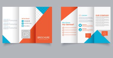 Creative Corporate Trifold Broşür Şablonu Mavi ve Turuncu Soyut Tasarım. IT şirketi için. Pazarlama Mizanseni. Düzenlenebilir resim.