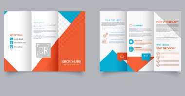 Creative Corporate Trifold Broşür Şablonu Mavi ve Turuncu Soyut Tasarım. IT şirketi için. Pazarlama Mizanseni. Düzenlenebilir resim.